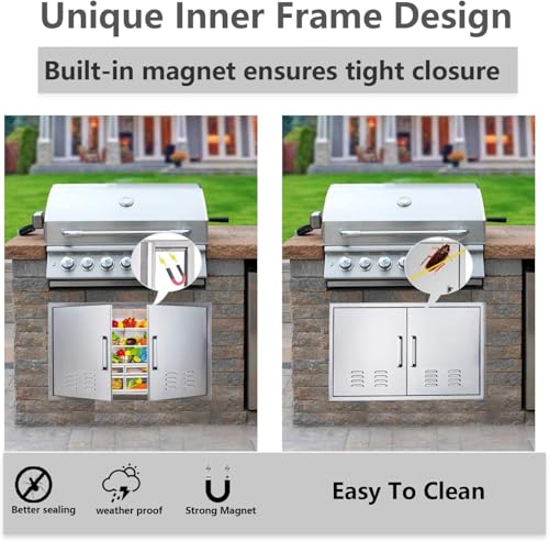 Outdoor Kitchen Doors, 36x21 Inch 304 Stainless Steel BBQ Access Door with Vent, Double Steel Doors for Outdoor Grill Island - size: 36W x 21H