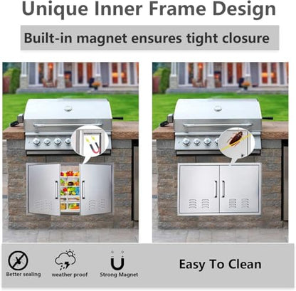 Outdoor Kitchen Doors, 36x21 Inch 304 Stainless Steel BBQ Access Door with Vent, Double Steel Doors for Outdoor Grill Island - size: 36W x 21H