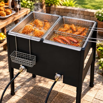 Barton Outdoor Propane Deep Fryer with Dual Burners & 3 Fry Baskets, High Pressure Double Tank Fryer Station for Fish Fry, Seafood Boil, Shrimp, Wings, Chicken & Backyard Cooking