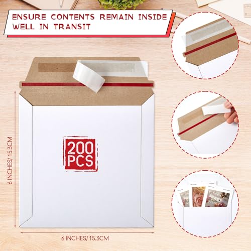 Fainne 200 Pcs 6 x 6'' Rigid Mailers 400 GSM Keep Flat Cardboard Mailers Shipping Cardboard Envelopes Disc DVD CD Envelopes with Self Adhesive Flap and Tear off Strip for Mailing Photo (White)