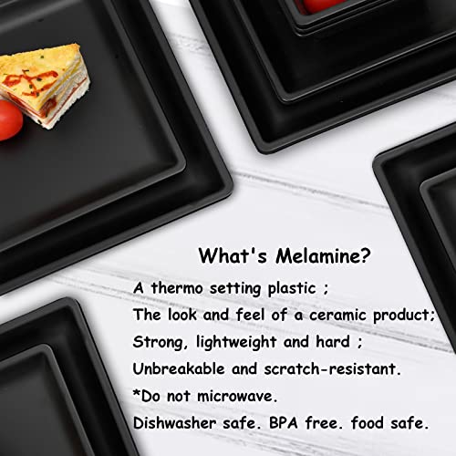 12 Piece Melamine Plates and Bowls Sets，Black Square Dinnerware Set for 4 - color: Pure Black