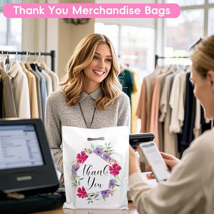 Floral Thank You Bags for Business Small, 100 PCS 12x15 Plastic Bags - color: 100 Pack Floral Thank You Bags