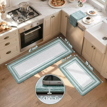 KIMODE Anti Fatigue Kitchen Mats, Green Farmhouse Kitchen Rugs Non Slip - color: Green, size: 17.3" x 47 "+ 17.3" x 29 "--0.47 inches