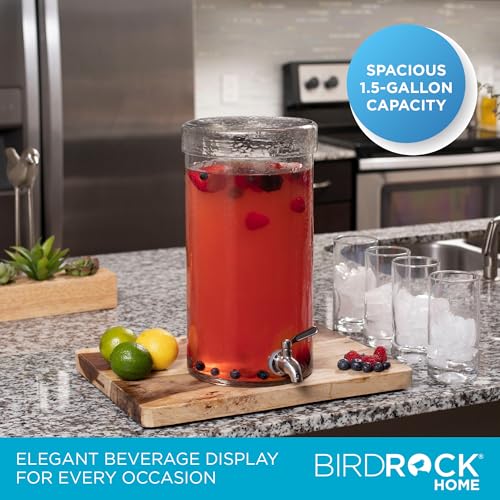 Glass Beverage Dispenser - 1.5 Gallon Drink Dispenser for Parties with Stainless Steel Spigot and Lid - Ideal for Serving Iced Tea, Lemonade, Juice, Sangria, or Cocktails by BIRDROCK HOME