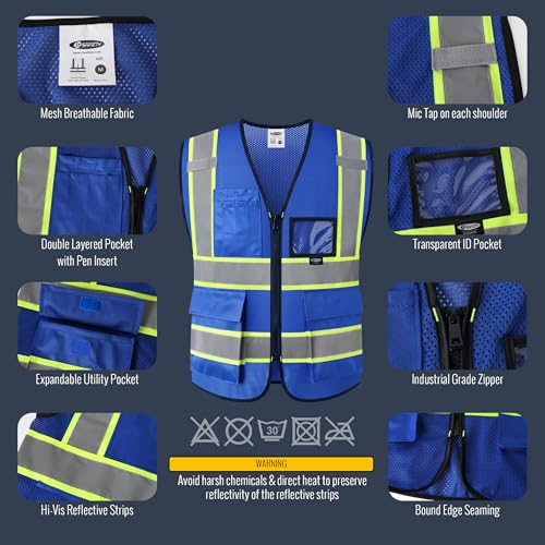 JKSafety Safety Vest for men women Hi Vis Vest with Pockets and Zipper High Visibility Reflective Vests BX320 - color: Blue, size: Medium