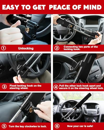 Tevlaphee Steering Wheel Lock Anti-Theft Car Device Heavy Duty Security Car Lock Antitheft Locking Devices Great Deterrent Adjustable Car Wheel Lock Anti Theft for Vehicle Truck with 3 Keys(Black) - color: Black