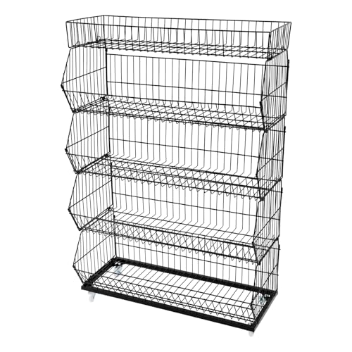 Metal Retail Display Rack | 5 Tiers Market Shelf with 4 Pulleys | Wire Grid Retail Display Stand | Fruit Vegetable Snack Basket | Snack Candy Display Rack | Snack Organizer for Store - color: Black, size: 35.43*16.93*53.54in