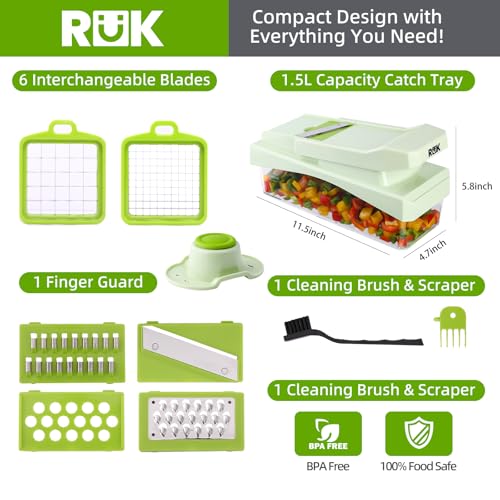 RüK 10-in-1 Vegetable Chopper – 6 Blade Veggie Chopper with Container, Food Dicer, Onion Cutter, Cheese Grater, Mandoline Slicer, Kitchen Gadgets & Home Essentials (Green) - color: Green