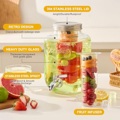 1 Gallon Glass Beverage Dispenser Set of 2 with Stand & Fruit Infuser, Stainless Steel Spigot, Beverage Dispenser for Parties, Weddings, BBQs, Lemonade, Sun Tea, Juice & Cold Drinks - size: 1 Gallon Double
