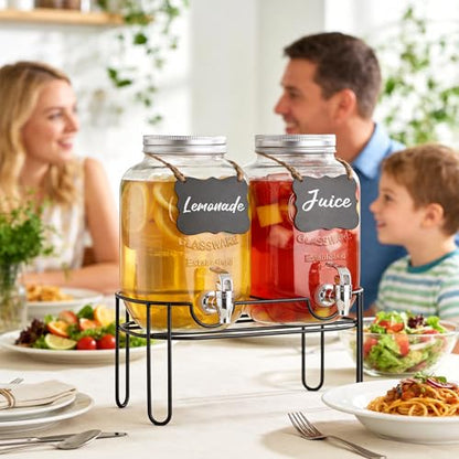 1 Gallon Glass Drink Dispensers For Parties, 2 Pack Beverage Dispenser，Lemonade Dispenser With Fruit Infuser And Stand For BBQ, Picnic, Party,Sun Tea