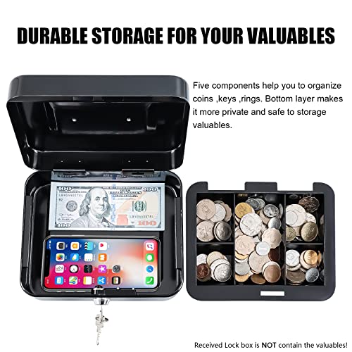 KYODOLED Small Metal Lock Box with Key for Cash and Medication, 2 Keys - color: Black-1PACK, size: Medium