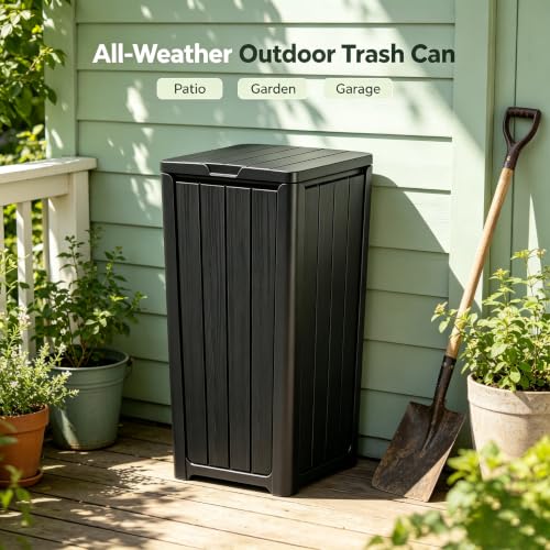 Fancyango Resin Outdoor Trash Can with Lid, 33 Gallon, Black - color: Black, size: 33 Gallon