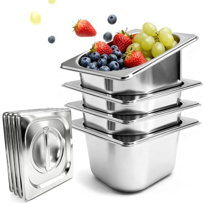 Philbinden 4 Pack Stainless Steel Hotel Pans 1/6 Size 4 Inch Deep With Lids, 0.7 mm Thick 304 Stainless Steel Hotel Pans for Ffor Home, Party, Hotel, Buffet Commercial Kitchen Use