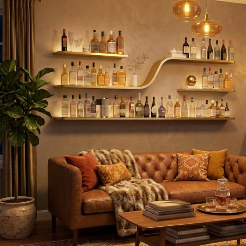 70" Gold Wall Mounted Wine Rack with LED Lights - color: Gold, size: 70in