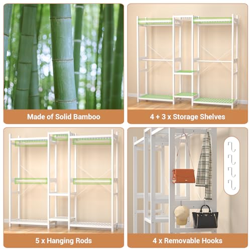Homykic Bamboo Clothing Rack with 7 Shelves, 5 Hang Rods, 70” Wide, White - color: White, size: III Large