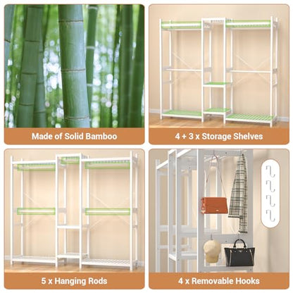 Homykic Bamboo Clothing Rack with 7 Shelves, 5 Hang Rods, 70” Wide, White - color: White, size: III Large