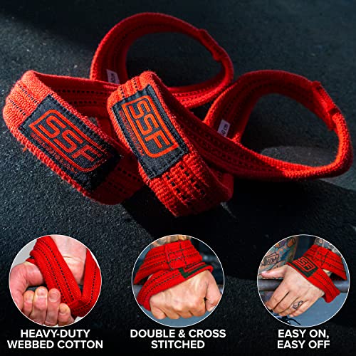 SERIOUS STEEL FITNESS Red Figure 8 Lifting Straps | Deadlift & Strongman Axle Straps - 3 Sizes - color: Red, size: (60 CM - Less than 7.25" Wrist)