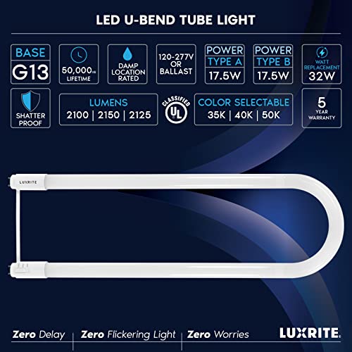 LUXRITE U Bend LED Tube Light, T8 T12, 17.5W (32W Equivalent), 3CCT, 2 Pack - color: 3cct (3500k/4000k/5000k), size: 2 Count (Pack of 1)