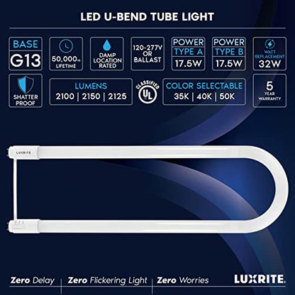 LUXRITE U Bend LED Tube Light, T8 T12, 17.5W (32W Equivalent), 3CCT, 2 Pack - color: 3cct (3500k/4000k/5000k), size: 2 Count (Pack of 1)
