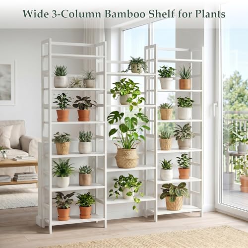 Homykic 6-Tier Bamboo Bookshelf, 61” Triple Wide Bookshelves and Bookcases - color: White, size: Triple Wide