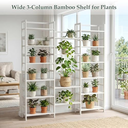 Homykic 6-Tier Bamboo Bookshelf, 61” Triple Wide Bookshelves and Bookcases - color: White, size: Triple Wide