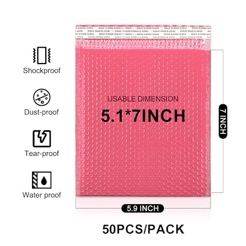 Koja Extra Thick Padded Bubble Mailers, 5x8.6 in, 50-Pack, pink - color: Pink, size: 5 x 8.6" 50-Pack