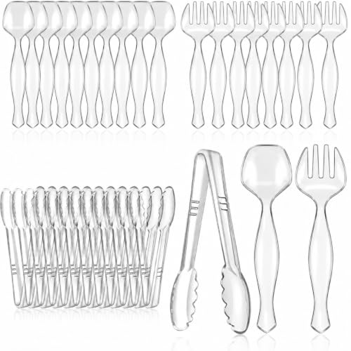 Mwellewm 48Pcs Plastic Serving Utensils Set, Disposable Spoons Tongs Forks - color: Clear Style 2, size: 48 Pcs