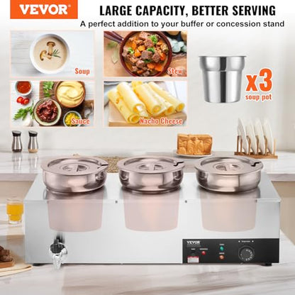 VEVOR Electric Soup Warmer, Three 7.4QT Stainless Steel Round Pot 86~185°F Adjustable Temp, 1200W Commercial Bain Marie with Anti-dry Burn and Reset Button, Soup Station for Restaurant, Buffet, Silver - size: 3*7.4QT