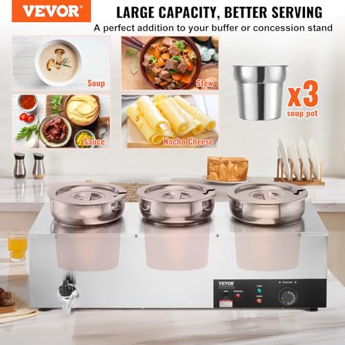VEVOR Electric Soup Warmer, Three 7.4QT Stainless Steel Round Pot 86~185°F Adjustable Temp, 1200W Commercial Bain Marie with Anti-dry Burn and Reset Button, Soup Station for Restaurant, Buffet, Silver - size: 3*7.4QT