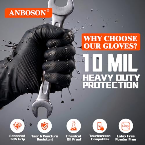ANBOSON 10 Mil Heavy Duty Mechanic Nitrile Gloves, Large Black 100 Count - color: Black-100, size: Large