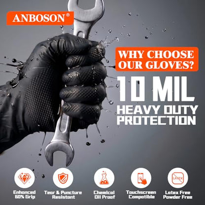 ANBOSON 10 Mil Heavy Duty Mechanic Nitrile Gloves, XLarge Black 200 Count - color: Black-200, size: X-Large