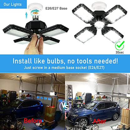 2-Pack LED Garage Light,150W Deformable Garage Ceiling Lights,15000LM, 4 Adjustable Panels, E26/E27 Shop Lights for Basement, Barn, Workshop,High Bay Light - size: 4+1P 2Pack/F