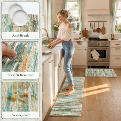 KIMODE Kitchen Mats Cushioned Anti Fatigue,Cyan Abstract Farmhouse Rugs - color: Cyan/Multi, size: 17.3" x 47"+17.3" x 29"--0.47 inches