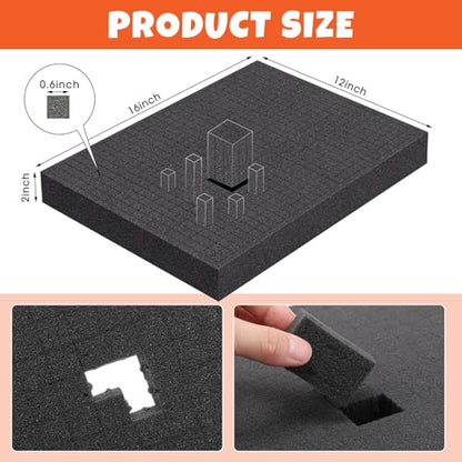 12 Pcs 16 x 12 x 2 Inch Pre-cubed Pick Apart Foam Sheets Pre-cut Polyethylene Foam Inserts Black Packing Padding for Tool Box, Camera, Crafts and Storage Case