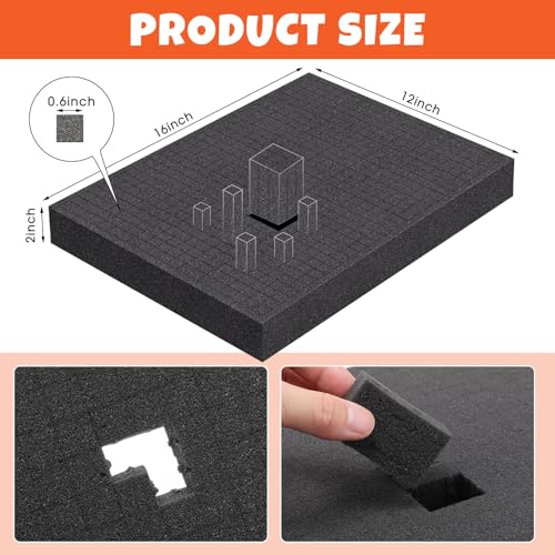 12 Pcs 16 x 12 x 2 Inch Pre-cubed Pick Apart Foam Sheets Pre-cut Polyethylene Foam Inserts Black Packing Padding for Tool Box, Camera, Crafts and Storage Case