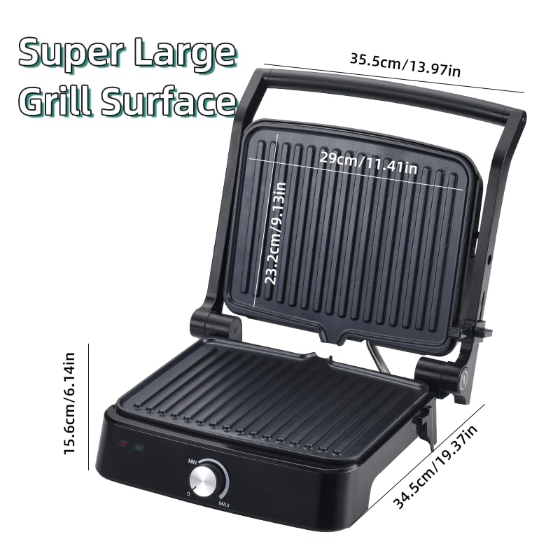 Vivicreate Panini Press Grill 1500W Sandwich Maker with Removable Nonstick Plates Adjustable Temperature 180 Degree Opening Indoor Electric Grill for Panini Sandwich Steak Burgers Breakfast (1 Knob)