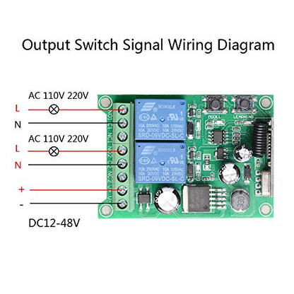DC 12V 24V 36V 48V Wide Voltage RF Wireless Remote Light Switch 2 Channel 433Mhz Wireless Receiver with Transmitter, 12-48V Momentary 10A Relay Switch for Widely Used Home Smart