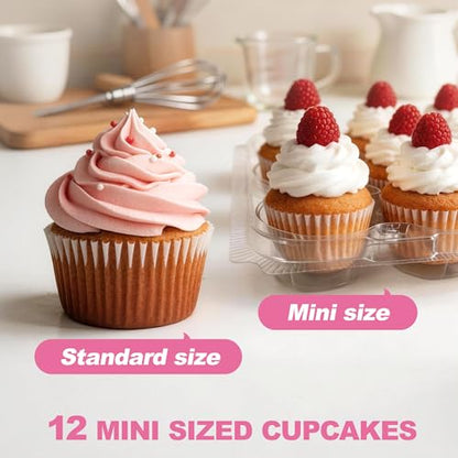 LotFancy (12 Count x 40 Sets) Mini Cupcake Containers with 480 Liners, Clear Plastic Cupcake Boxes Holders, Dozen Disposable Cupcake Carriers with Detachable Lid - size: Mini (40 sets)