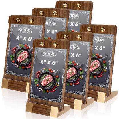 Sliner 6 Pcs 4 x 6 Inches Acrylic Sign Holders with Walnut Wood Base Clear Acrylic Frame Display Stand Table Stand for Menu Poster Flyer Restaurant Office Coffee Shop Store Bar - size: 4 x 6 Inches