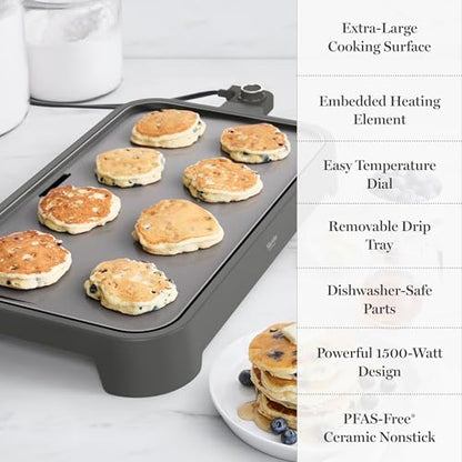 Martha Stewart 12"x 22" XL Electric Griddle, Ceramic Nonstick Flat Top - color: Caviar Gray