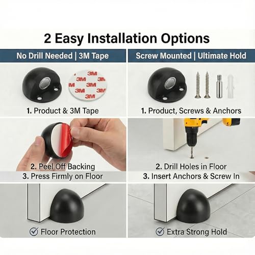 Magnetic Door Stop, Cushioning Bumper & Draft Hold, 2-Pack, Black - color: Black