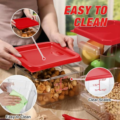 Square Storage Container with Lid, Commercial Box with Measurement Marks & Handle, for Baking, Dough Proofing, Meat Brining, Kitchen Tool (Red, 2QT-4PACK) - size: 2QT-4PACK