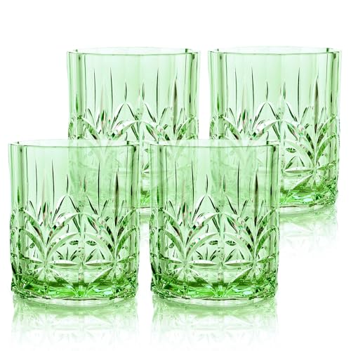 BELLAFORTE Shatterproof Tritan Plastic Short Tumbler, Set of 4, 13oz - Myrtle Beach Unbreakable Crystal Cut Old Fashioned Drinking Glasses for Whiskey - BPA Free - Dishwasher Safe - Green - color: Green