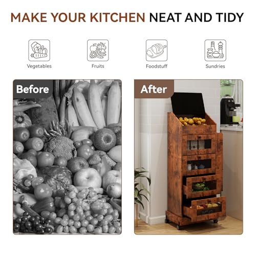 ARTETHYS Potato Storage Bin 5-Tier Rolling Bread Box Cabinet with Side Rack - color: Rustic