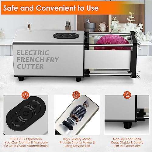 SIXRARI Electric French Fry Cutter, 1/2 & 3/8 Inch Interchangeable Stainless Steel Blades Automatic Potato Cutter, Commercial & Household Potato Slicer, Use for Potatoes Onion Cucumbers - color: Silver