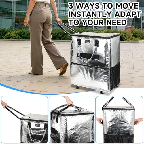 Reusable Grocery Bag on Wheels, Foldable Rolling Tote Bag with 6 Pockets - color: Silver, size: Small