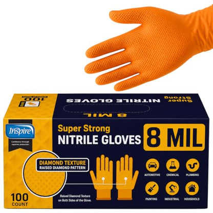 Inspire Heavy Duty Orange Nitrile Gloves | ULTRA 8 Mil Diamond Textured Grip | Industrial Mechanic Disposable Cleaning Gloves - size: Small