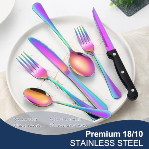 24-Piece Rainbow Silverware Set with Steak Knives Stainless Steel Flatware Set for 4 Food Grade Tableware Cutlery Set Rust-proof, Mirror Polished, Dishwasher Safe - size: 24Pcs-A