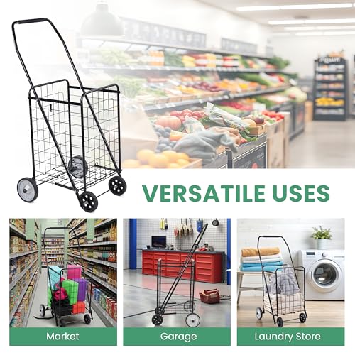 Simple Deluxe Folding Shopping Cart with Wheels, 90LB Capacity & Comfortable Foam Handle, Heavy Duty Collapsible Utility Cart for Groceries, Laundry, Travel, Books, Black