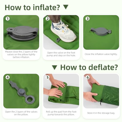 FNARMW Camping Sleeping Pad, Extra Thick 5 Inch Camping Mat with Pillow Built-in Foot Pump Inflatable Sleeping Pads Compact for Camping Backpacking Hiking Traveling Tent（Green） - color: Green